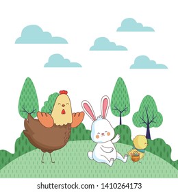Happy farm animals hen white bunny carrying wicker basket carrying wicker basket easter season drawing  on grass with trees scenery vector illustration graphic design