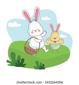 Happy farm animals hen white bunny wearing eggshell easter season drawing on grass with trees scenery vector illustration graphic design