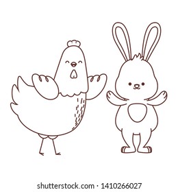 Happy  farm animals hen white bunny easter season drawing black and white outline vector illustration graphic design