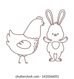 Happy  farm animals hen white bunny easter season drawing black and white outline vector illustration graphic design