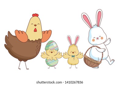 Happy farm animals hen white bunny chicks pair wearing eggshell carrying wicker basket carrying wicker basket easter season drawing vector illustration graphic design