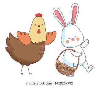 Happy farm animals hen white bunny carrying wicker basket carrying wicker basket easter season drawing vector illustration graphic design