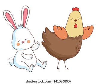 Happy farm animals hen white bunny easter season drawing vector illustration graphic design
