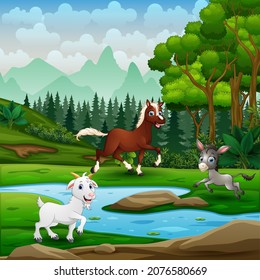 Happy farm animals playing in the green land