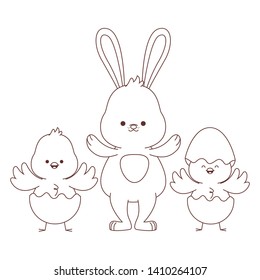 Happy  farm animals white bunny chicks pair wearing eggshell easter season drawing black and white outline vector illustration graphic design