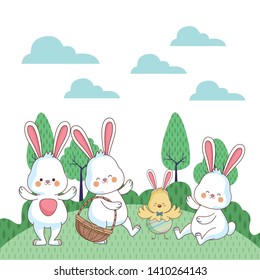 Happy farm animals white bunny wearing eggshell carrying wicker basket carrying wicker basket easter season drawing  on grass with trees scenery vector illustration graphic design