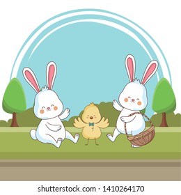 Happy farm animals white bunny and chick carrying wicker basket carrying wicker basket easter season drawing  on grass with trees scenery vector illustration graphic design