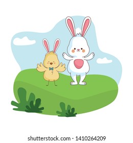 Happy farm animals white bunny and chick easter season drawing  on grass with trees round icon scenery vector illustration graphic design