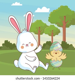 Happy farm animals white bunny and chick wearing eggshell easter season drawing  on grass with trees scenery vector illustration graphic design