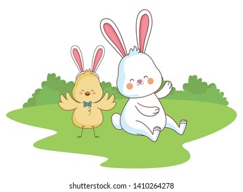 Happy farm animals white bunny and chick easter season drawing  on grass with trees round icon scenery vector illustration graphic design