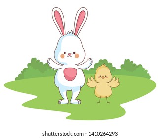 Happy farm animals white bunny and chick easter season drawing  on grass with trees round icon scenery vector illustration graphic design