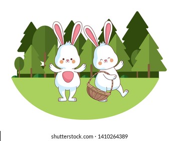 Happy farm animals white bunny pair holding basket easter season drawing  on grass with trees scenery vector illustration graphic design