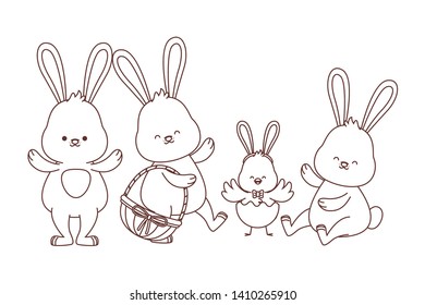 Happy  farm animals white bunny wearing eggshell carrying wicker basket carrying wicker basket easter season drawing black and white outline vector illustration graphic design