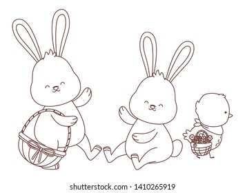 Happy  farm animals white bunny carrying wicker basket carrying wicker basket easter season drawing black and white outline vector illustration graphic design