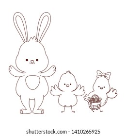 Happy  farm animals white bunny chicks pair carrying wicker basket carrying wicker basket easter season drawing black and white outline vector illustration graphic design