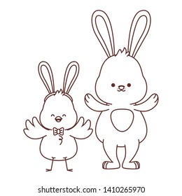 Happy  farm animals white bunny and chick easter season drawing black and white outline vector illustration graphic design