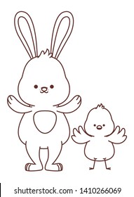 Happy  farm animals white bunny and chick easter season drawing black and white outline vector illustration graphic design