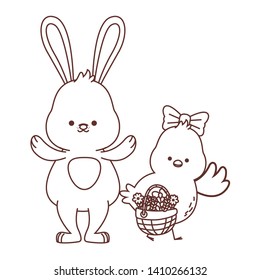 Happy  farm animals white bunny and chick carrying wicker basket easter season drawing black and white outline vector illustration graphic design