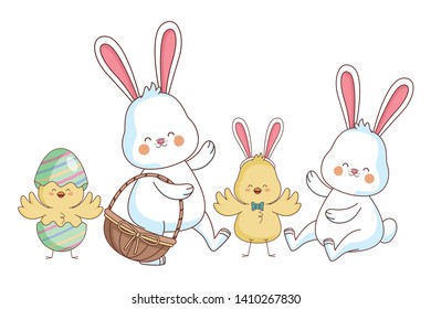 Happy farm animals white bunny chicks pair wearing eggshell carrying wicker basket carrying wicker basket easter season drawing vector illustration graphic design