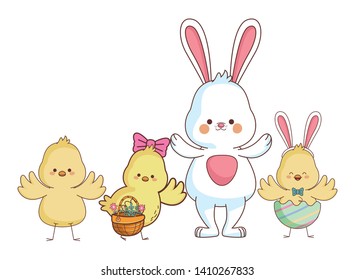 Happy farm animals white bunny chicks group wearing eggshell carrying wicker basket easter season drawing vector illustration graphic design