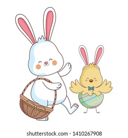 Happy farm animals white bunny and chick carrying wicker basket carrying wicker basket easter season drawing vector illustration graphic design