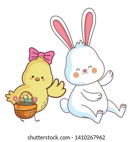 Happy farm animals white bunny and chick carrying wicker basket carrying wicker basket easter season drawing vector illustration graphic design