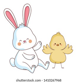 Happy farm animals white bunny and chick easter season drawing vector illustration graphic design