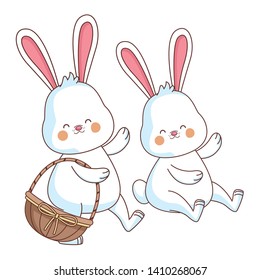 Happy farm animals white bunny carrying wicker basket easter season drawing vector illustration graphic design