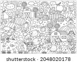 Happy Farm big coloring page. Halloween coloring page for kids. Cartoon big coloring poster in doodle style. Cute cow, dog, sheep, chicken, geese, horse, piglets