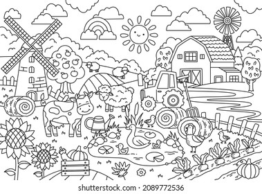 Happy Farm big coloring page. Linear poster with mill, cow, sheep, barn and harvest. Design element for coloring. Stress relief for children and adults. Cartoon modern flat vector illustration