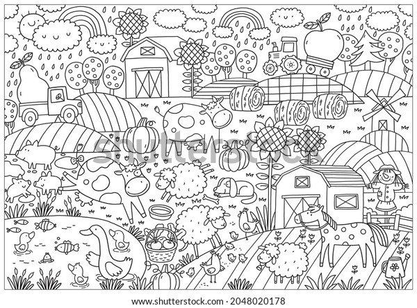 Happy Farm big coloring page.\
Halloween coloring page for kids. Cartoon big coloring poster in\
doodle style. Cute cow, dog, sheep, chicken, geese, horse,\
piglets