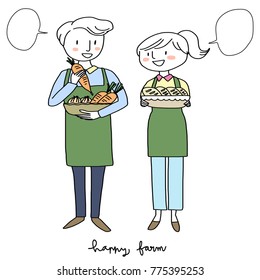 Happy farm concept with cute farmer couple holding vegetable basket and homemade bread basket representing their fresh products for farmers market. Vector illustration with hand-drawn style.