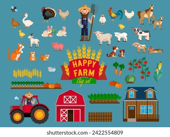Happy Farm. A farmer and his animals and vegetables.