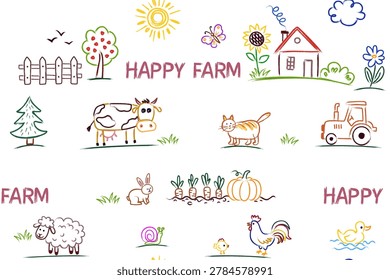 Happy farm seamless pattern. Kids crayon doodle drawing with cute animals, tractor and houses on white background. Childish vector repeating background for textile, fabric, wallpaper, wrapping paper.