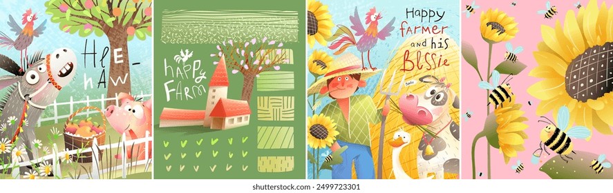 Felices diseños rústicos abstractos de granja o pueblo con animales de granja. Colección de carteles de folletos agrícolas y rurales. Diseño de cubierta dibujado a mano, Ilustración vectorial de volante abstracto de agricultura.