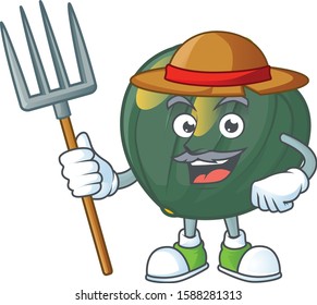 Happy Farmer acorn squash cartoon mascot with hat and tools