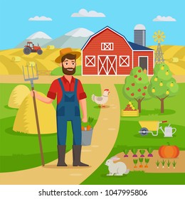 Happy farmer with agricultural landscape and garden standing in front of the farm barn and fields with crop. Eco Farming concept vector illustration in flat design. Big set for farm infographics