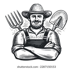 Happy farmer with arms crossed and gardening tools. Farm worker sketch. Hand drawn vintage vector illustration