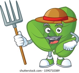 Happy Farmer basil cartoon mascot with hat and tools