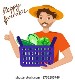 Happy farmer with basket of fresh vegetables in his hand. Vector illustration, flat style