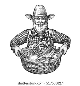 Happy farmer with a basket of vegetables. Hand drawn sketch vector illustration