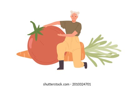 Happy farmer with big farm vegetables. Tiny person proud of good harvest. Woman showing huge tomato and carrot. Human with healthy organic food. Flat vector illustration isolated on white background