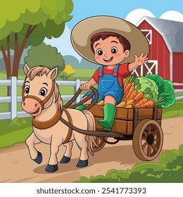 Muchacho feliz del granjero que monta un Carrito del caballo lleno de verduras.