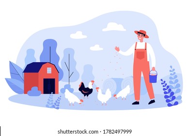 Felices gallinas de cría de granjeros. Hombre feliz alimentando pollos en el césped. Ilustración de vectores para la agricultura, la agricultura, la vida de campo, las aves y los conceptos de cría de animales