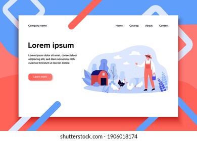 Happy farmer breeding hens. Happy man feeding chickens on lawn. Vector illustration for agriculture, farming, country life, birds and animals breeding concepts