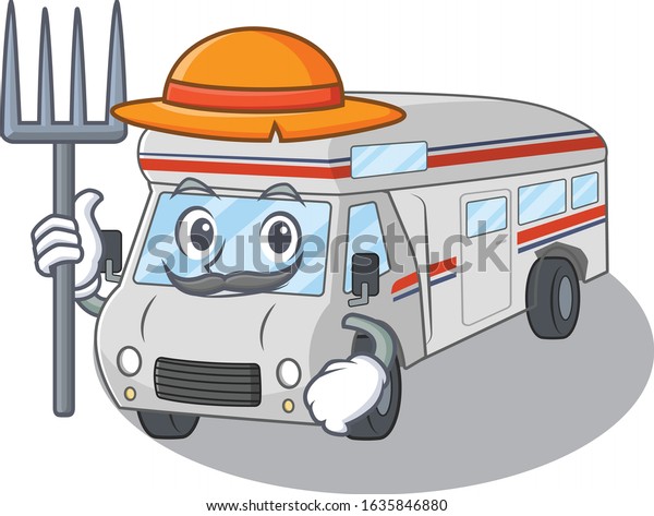 Happy\
Farmer campervan cartoon picture with hat and\
tools