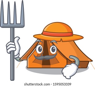 Happy Farmer camping tent Scroll cartoon character with hat and tools