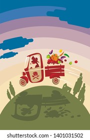 Happy farmer carrying vegetables by Piaggio Ape on the background of the Italian landscape