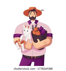 Happy farmer Cartoon character of man holding goat and bucket of vegetables. local rustic eco products farming concept. stock vector illustration isolated on white background
