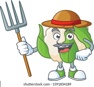 Happy Farmer cauliflower cartoon mascot with hat and tools